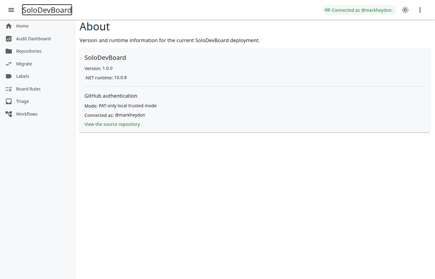 About page showing version, runtime, and authentication details