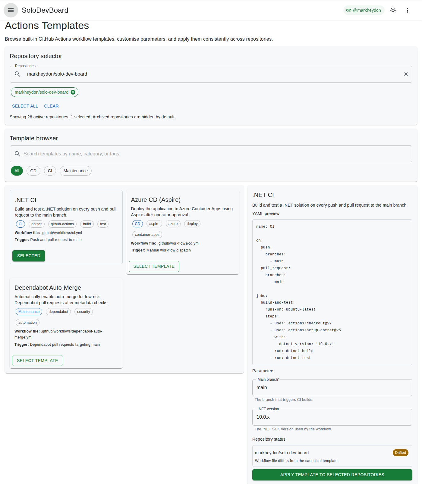 Actions Templates with a selected template YAML preview for markheydon/solo-dev-board