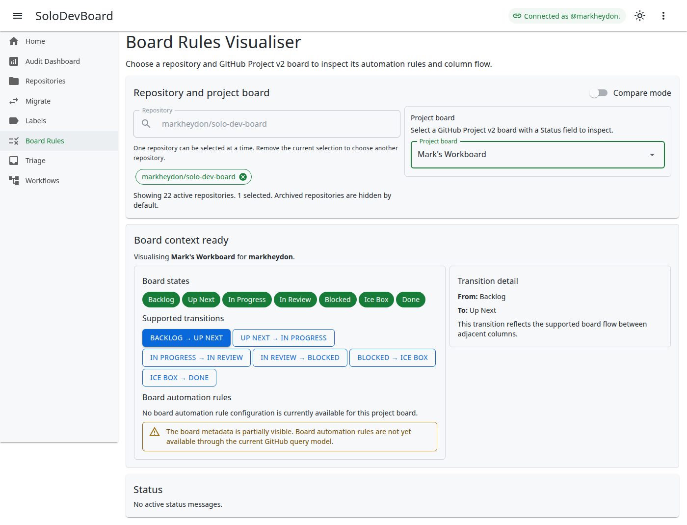 Board Rules Visualiser showing board states and transitions for markheydon/solo-dev-board