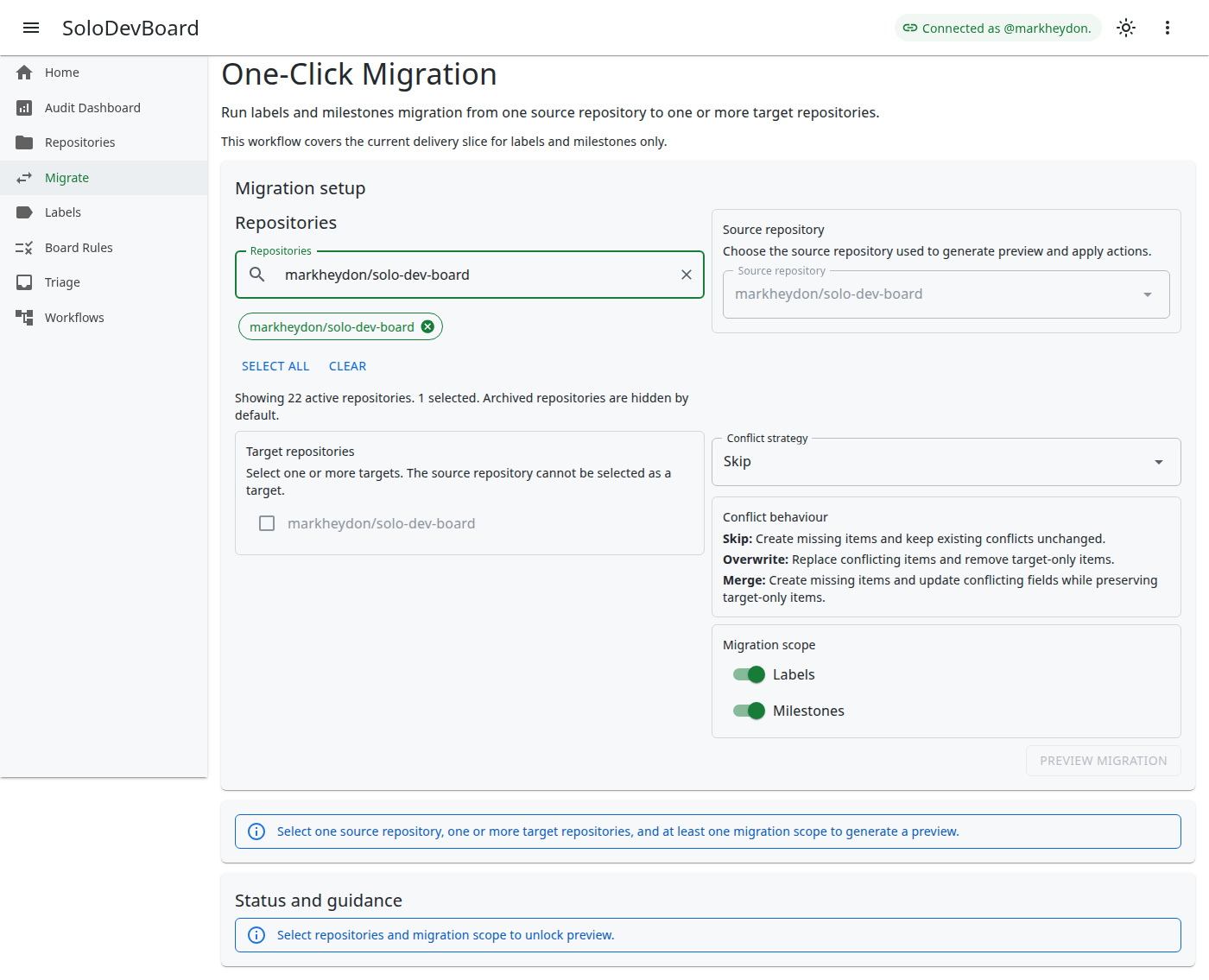 One-Click Migration setup with markheydon/solo-dev-board selected