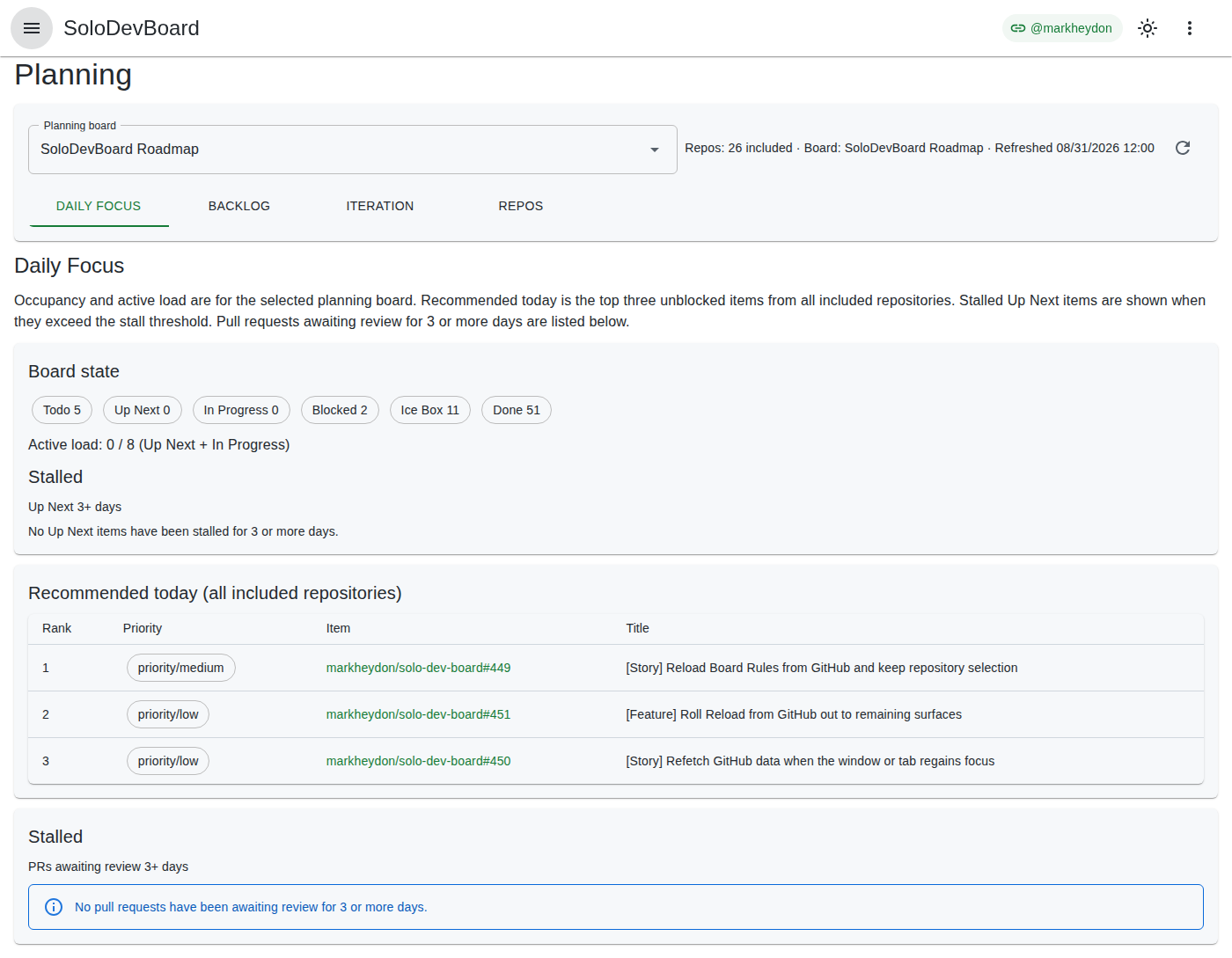 Planning — Daily Focus with SoloDevBoard Roadmap occupancy and recommendations