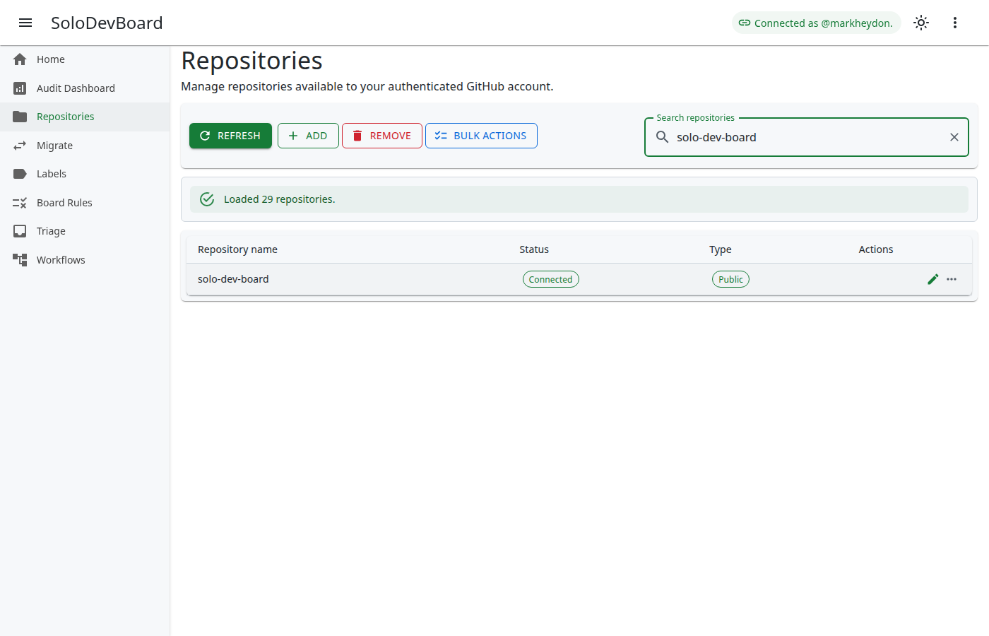 Repositories page filtered to markheydon/solo-dev-board in the data grid