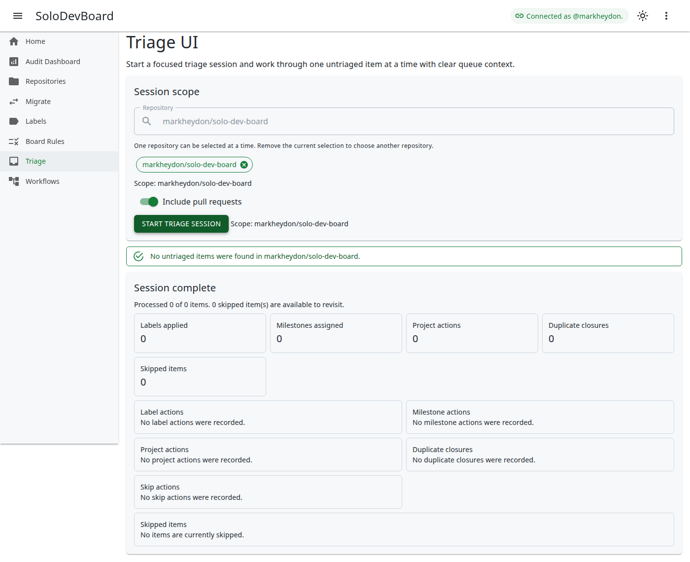 Triage UI active session showing the first queue item for markheydon/solo-dev-board