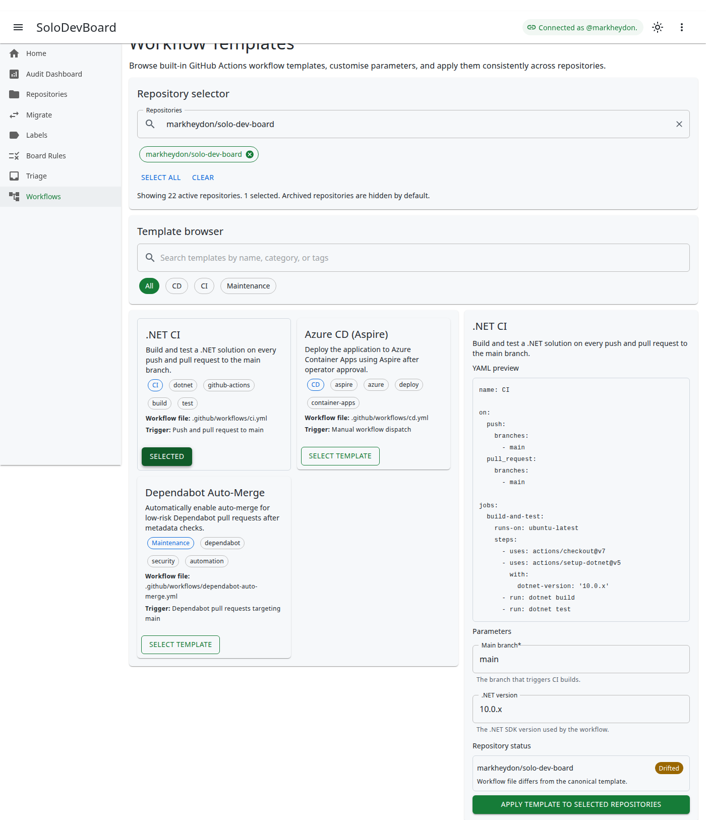 Workflow Templates with a selected template YAML preview for markheydon/solo-dev-board
